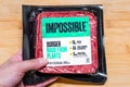 May 22, 2020 Sunnyvale / CA / USA - Close up of Impossible Burger package; the Impossible Burger is produced by Impossible Foods