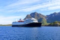 May 29 2022 - Svolvaer, Lofoten, Norway: Havila Kystruten cruise liner Havila Castor sails through the fjord