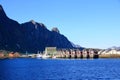 May 29 2022 - Svolvaer, Lofoten, Norway: View of the city on the Lofoten islands, beautiful bright landscape, traditional red