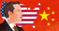 Portrait of Elon Musk on the background of the US map with the texture of the flag and the flag of China. Grunge texture Royalty Free Stock Photo