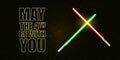 May the 4th be with you greeting vector illustration with neon glowing lighting sword and text on black space background Royalty Free Stock Photo