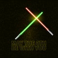 May the 4th be with you greeting vector illustration with neon glowing lighting sword and text on black space background Royalty Free Stock Photo