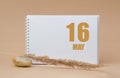 may 16. 16th day of the month, calendar date. White blank sheet of notepad, stones, dry sprig of grass, on beige