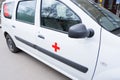 May 31th, 2022, Mexico City, Mexico. A Red Cross car for first aid medical assistance, is parked in front of a Hospital Royalty Free Stock Photo