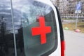 May 31th, 2022, Mexico City, Mexico. A Red Cross car for first aid medical assistance, is parked in front of a Hospital Royalty Free Stock Photo