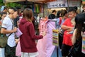 May 25, 2017 Tourist writes on a lantern along Railway at Pingxi, Taiwan