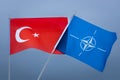 May 25, 2022, The Turkish flag next to the NATO flag against the background of a stormy sky, The concept of a political conflict