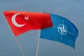 May 25, 2022, The Turkish flag next to the NATO flag against the background of a stormy sky, The concept of a political conflict