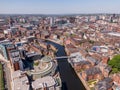 May 2020, UK: Aerial view of Leeds City Centre with river in view