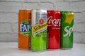 May 22, 2022 Ukraine city of Kyiv banks with drinks Fanta, Coca Cola, Sprite, Schweppers Royalty Free Stock Photo