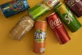 May 22, 2022 Ukraine city of Kyiv design banks fresh drinks Fanta, Coca Cola, Sprite, Schweppers brands product Royalty Free Stock Photo