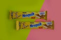 May 6, 2023 Ukraine city Kyiv Nesquik chocolate from Nestle brand on a colored background