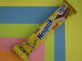 May 6, 2023 Ukraine city Kyiv Nesquik chocolate from Nestle cacao on a colored background