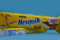 May 6, 2023 Ukraine city Kyiv Nesquik chocolate from Nestle sweet on a colored background