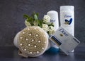 May 19, 2022 Ukraine city Kyiv soap, shampoo beauty the Nivea company, a flower on a dark background