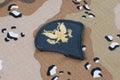 May 12, 2018. US ARMY Specialist rank patch on desert camouflage uniform background