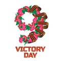 May 9 Victory Day russian national holiday greeting card or banner with ribbon of Saint George and number nine consisting of red Royalty Free Stock Photo