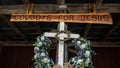 May 20, 2021 - Wimberley, Texas - Cross at church doors Royalty Free Stock Photo
