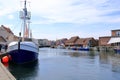 May 05 2023 - Wismar, Mecklenburg-Vorpommern, Germany: Scenic summer outdoor view of the Old Port pier town architecture with