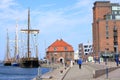 May 05 2023 - Wismar, Mecklenburg-Vorpommern, Germany: Scenic summer outdoor view of the Old Port pier town architecture with