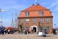May 05 2023 - Wismar, Mecklenburg-Vorpommern, Germany: Scenic summer outdoor view of the Old Port pier town architecture with