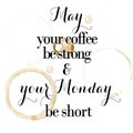 May you monday be short & your coffee be strong quotation on a white background and coffee stains