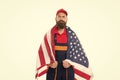 May your Independence day be filled with love and pride. Confident worker wearing american flag with pride. Bearded man