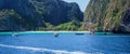 Maya bay in Phiphi island, Thailand 07/01/2020: boat on the sea of Maya bay in Phiphi island with mountain beach