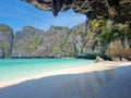 Maya bay view from under rock , white sand beach,the beach movie, krabi Thailand Royalty Free Stock Photo