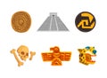 Maya Civilization Ethnic Symbols with Chichen Itza City, Skull, Shield and Totem Vector Set