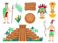 Maya civilization. Majestic pyramid, ancient Maya calendar wheel, people adorned with traditional headdresses and Royalty Free Stock Photo