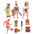 Maya civilization people and artifacts set. Aztec cultural objects cartoon vector illustration