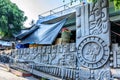 Maya glyths on market facade, San Juan la Laguna, Lake Atitlan, Guatemala