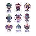 Maya logo original design set, emblems with ethnic mask, Aztec signs vector Illustrations on a white background