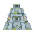 Maya pyramid, vector Aztec stone temple, ancient jungle ruin illustration isolated on white, moss, fire.