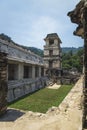 Maya temple ruins with palace and observation tower in tropical forest, Palanque, Chiapas, Mexico Royalty Free Stock Photo