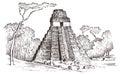 Maya Vintage pyramid. Aztec culture. Ancient Monochrome Mexico. Landscape for label logo badge background. Engraved hand