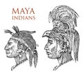 Maya Vintage style. Aztec culture. Portrait of a man, traditional costume and decoration on the head. Native tribe