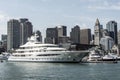 Boston MA USA 05.09.2017 Mayan Queen Yacht sailing boats on Charles River in front of Boston Skyline on sunny summer day Royalty Free Stock Photo