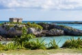 Mayan ruins in Riviera Maya, Cancun, Mexico. Landscape. Blue sky background.