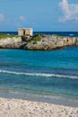 Mayan ruins at tropical coast. Landscape. Seaside. Vertical layout. Quintana Roo, Mexico, Cancun, Riviera Maya Royalty Free Stock Photo