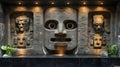 Mayan stone face fountain lobby interior design Royalty Free Stock Photo