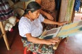 Mayan woman weaving yarns at San Juan la laguna Royalty Free Stock Photo