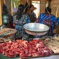 Mayan Women in Meat Market, Solola, Guatemala Royalty Free Stock Photo