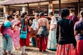 Mayapur, West Bengal, India - February 7, 2020. multinational group of teenage girls on a field trip to the Indian cow farm Royalty Free Stock Photo