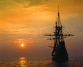 Mayflower II replica at deep red sunset, Massachusetts