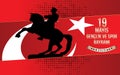 19 mayis Ataturk`u Anma, Genclik ve Spor Bayrami greeting card design. 19 may Commemoration of Ataturk, Youth and Sports Day. Vec