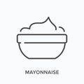 Mayonnaise flat line icon. Vector outline illustration of mayo in bowl. Black thin linear pictogram for food dressing