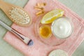 Mayonnaise greek yogurt, sour cream or kefir, lemon,olive oil and vitamin E softgels - ingredients for preparing diy cosmetics