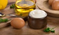 Mayonnaise. Homemade healthy mayonnaise sauce, soft cream. Healthy food ingredients, recipes, salad dressing